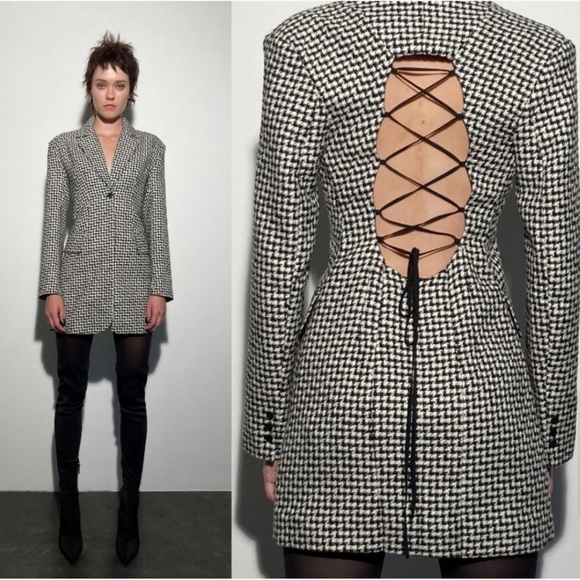 Zara blogger favorite houndstooth open corset tie back blazer mini dress - Picture 2 of 6